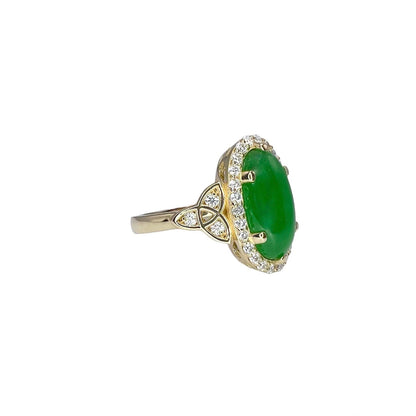 Jade Ring Elongated Oval with Diamond Halo in 14K Solid Yellow Gold , Unique Cabochon Oval Cut Jade Engagement Ring  Celtic Gold Jade Ring 8337