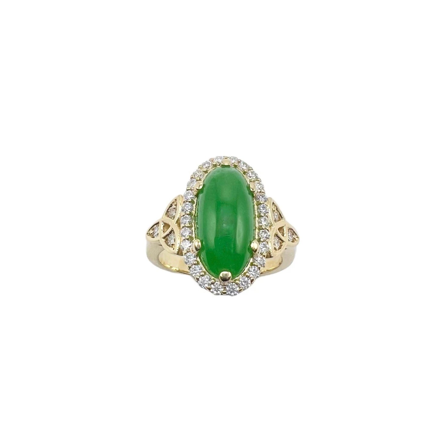 Jade Ring Elongated Oval with Diamond Halo in 14K Solid Yellow Gold , Unique Cabochon Oval Cut Jade Engagement Ring  Celtic Gold Jade Ring 8337