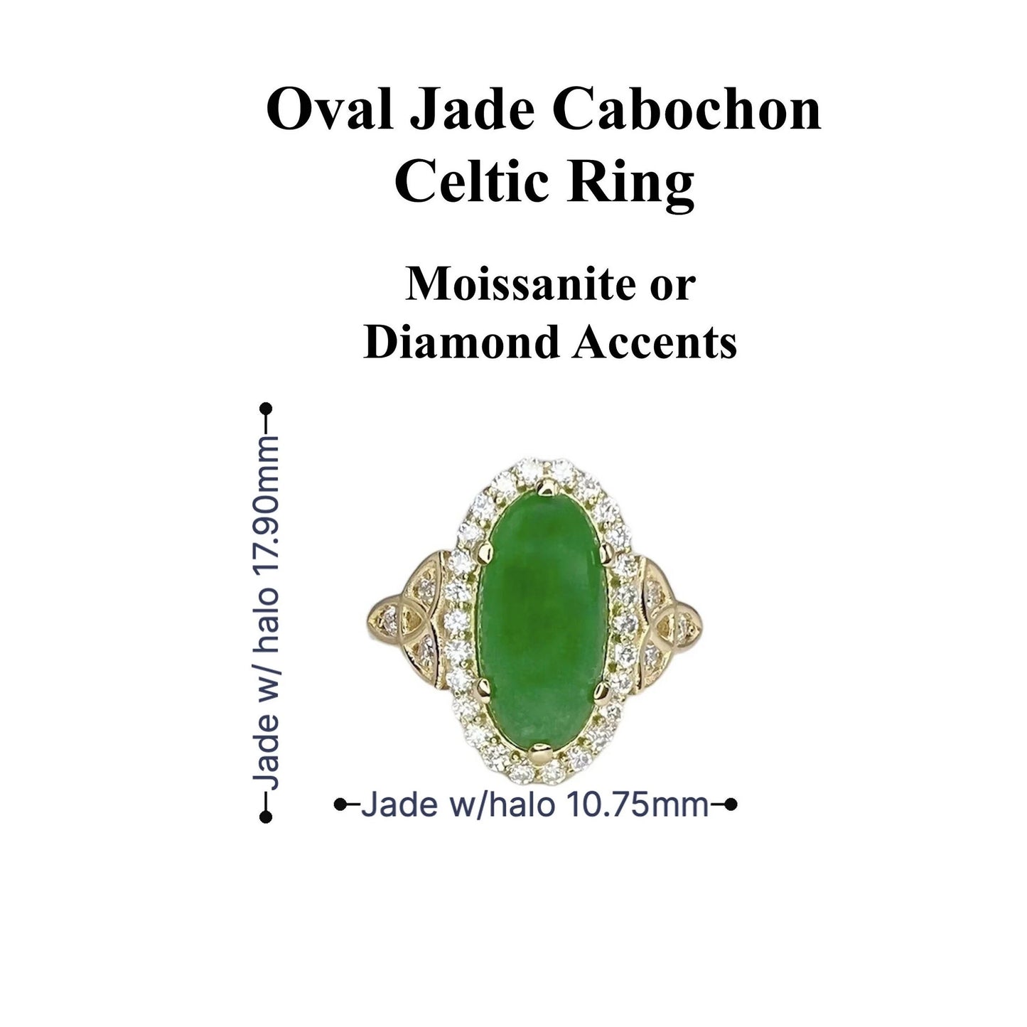 Jade Ring Elongated Oval with Diamond Halo in 14K Solid Yellow Gold , Unique Cabochon Oval Cut Jade Engagement Ring  Celtic Gold Jade Ring 8337