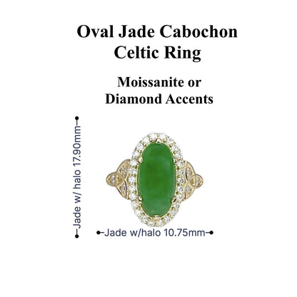 Jade Ring Elongated Oval with Diamond Halo in 14K Solid Yellow Gold , Unique Cabochon Oval Cut Jade Engagement Ring  Celtic Gold Jade Ring 8337