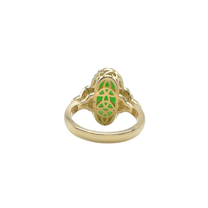 Jade Ring Elongated Oval with Diamond Halo in 14K Solid Yellow Gold , Unique Cabochon Oval Cut Jade Engagement Ring  Celtic Gold Jade Ring 8337