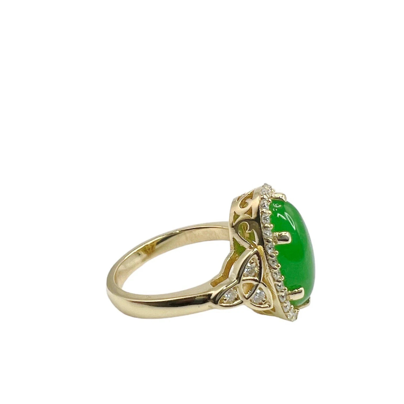 Jade Ring Elongated Oval with Diamond Halo in 14K Solid Yellow Gold , Unique Cabochon Oval Cut Jade Engagement Ring  Celtic Gold Jade Ring 8337