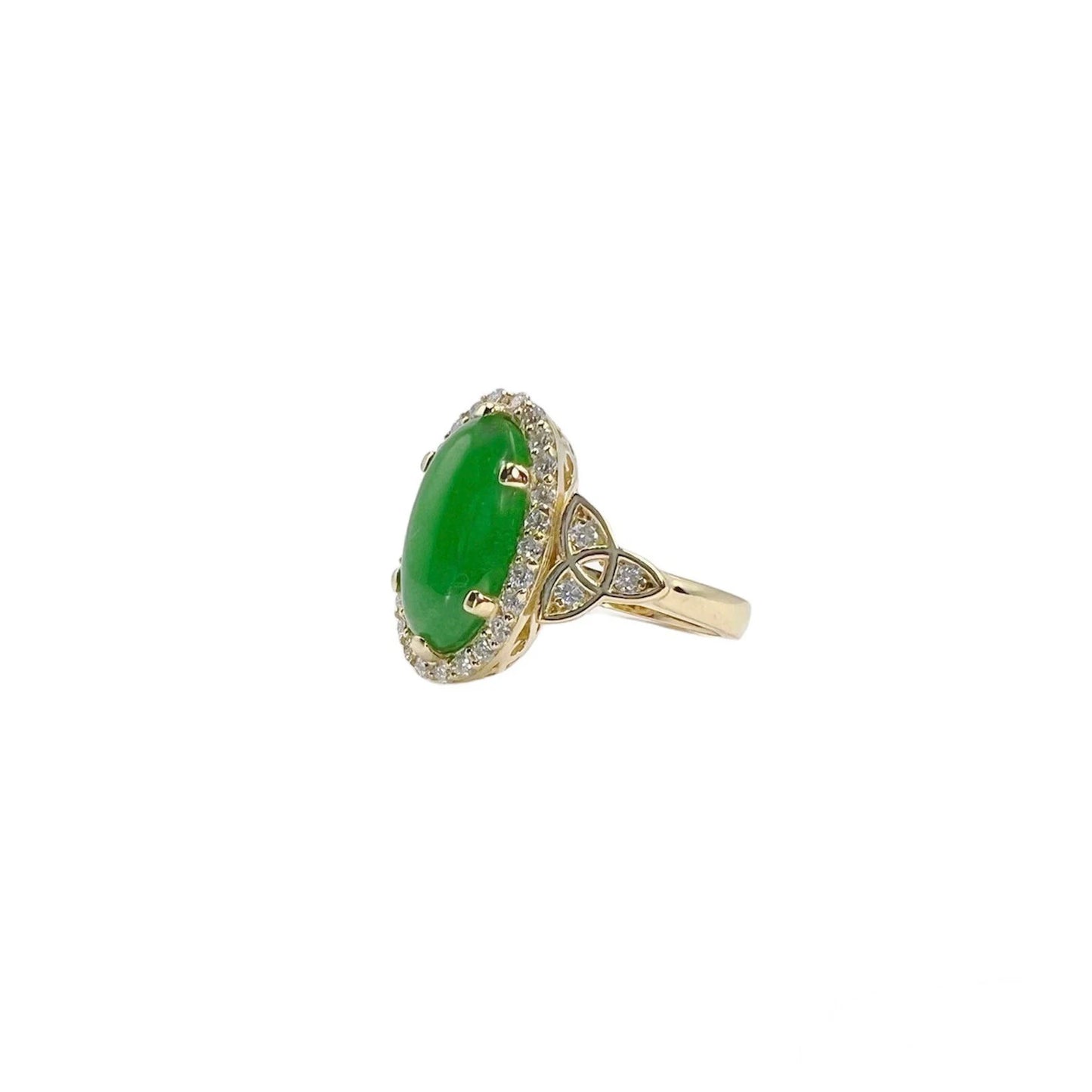 Jade Ring Elongated Oval with Diamond Halo in 14K Solid Yellow Gold , Unique Cabochon Oval Cut Jade Engagement Ring  Celtic Gold Jade Ring 8337
