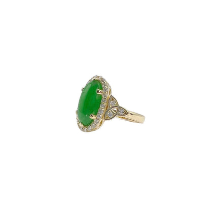 Jade Ring Elongated Oval with Diamond Halo in 14K Solid Yellow Gold , Unique Cabochon Oval Cut Jade Engagement Ring  Celtic Gold Jade Ring 8337