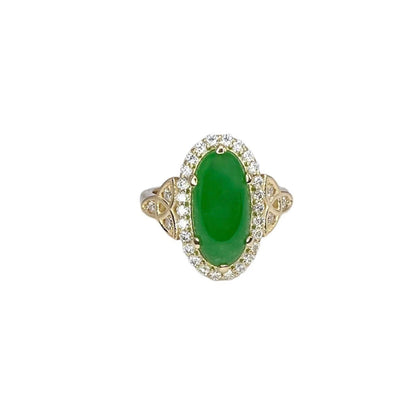 Jade Ring Elongated Oval with Diamond Halo in 14K Solid Yellow Gold , Unique Cabochon Oval Cut Jade Engagement Ring  Celtic Gold Jade Ring 8337