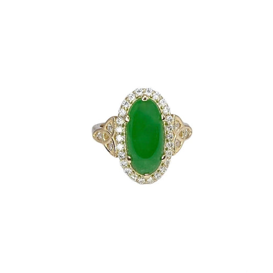Jade Ring Elongated Oval with Diamond Halo in 14K Solid Yellow Gold , Unique Cabochon Oval Cut Jade Engagement Ring  Celtic Gold Jade Ring 8337