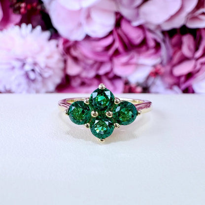 Emerald Ring 14k Yellow Gold, Round Cut Emerald Engagement Ring, Dainty Emerald Gold Ring, May Birthstone Ring,  Cluster Emerald Ring  #6787