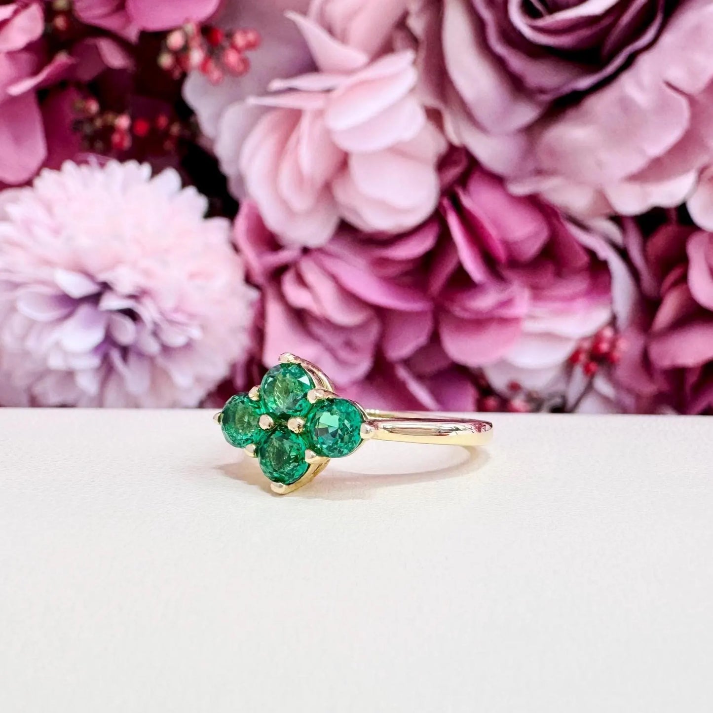 Emerald Ring 14k Yellow Gold, Round Cut Emerald Engagement Ring, Dainty Emerald Gold Ring, May Birthstone Ring,  Cluster Emerald Ring  #6787