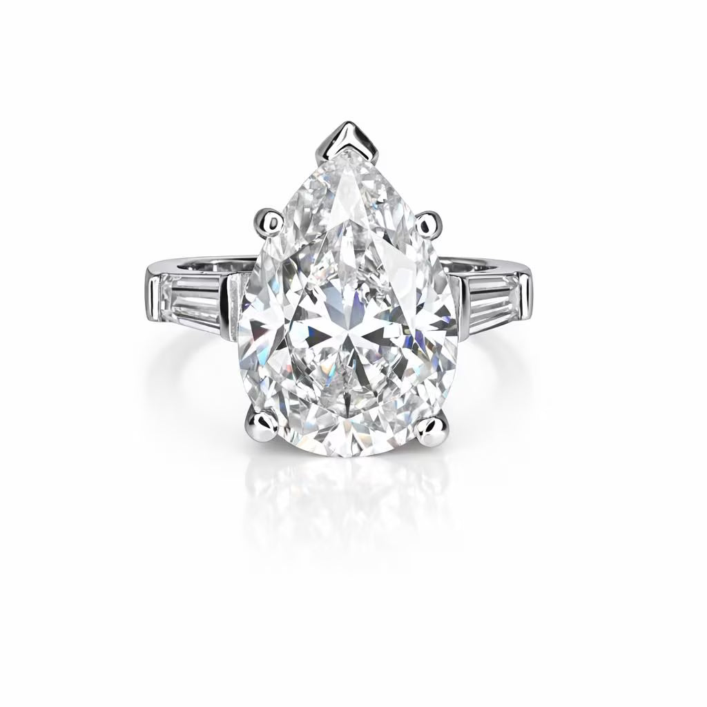 Moissanite Pear Shape Engagement Ring, Pear Solitaire Engagement Ring With Baguettes, 14k White Gold, Three Stone Ring,  #4845 #6882