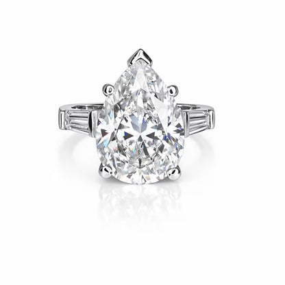 Moissanite Pear Shape Engagement Ring, Pear Solitaire Engagement Ring With Baguettes, 14k White Gold, Three Stone Ring,  #4845 #6882