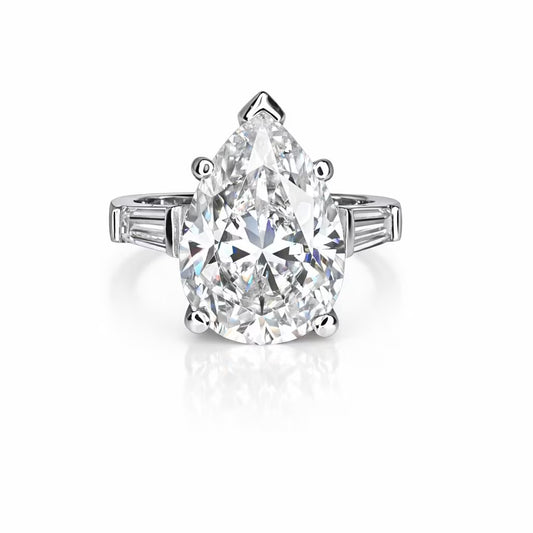 Moissanite Pear Shape Engagement Ring, Pear Solitaire Engagement Ring With Baguettes, 14k White Gold, Three Stone Ring,  #4845 #6882