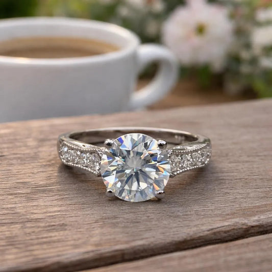 Moissanite Engagement Ring / Round Engagement Ring / Moissanite Wedding Ring / Unique Proposal Ring / 14k white gold / #6460  #6461