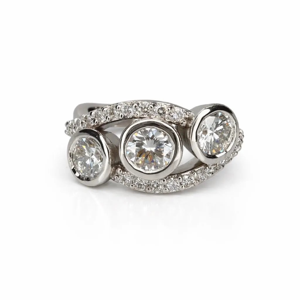 Three Stone Diamond Ring, Bezel Set Lab Grown Diamond Ring,  Modern Diamond Band #8924