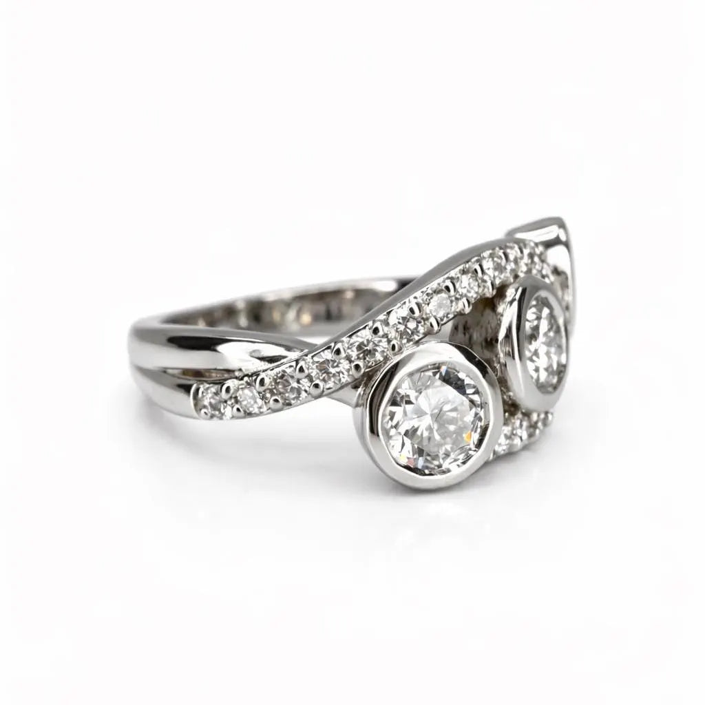 Three Stone Diamond Ring, Bezel Set Lab Grown Diamond Ring,  Modern Diamond Band #8924