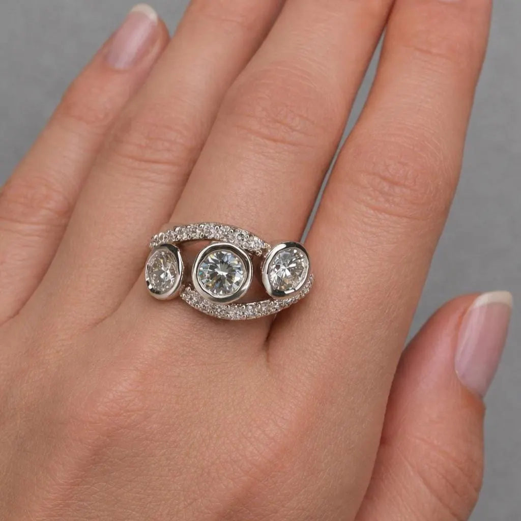 Three Stone Diamond Ring, Bezel Set Lab Grown Diamond Ring,  Modern Diamond Band #8924
