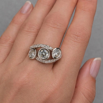 Three Stone Diamond Ring, Bezel Set Lab Grown Diamond Ring,  Modern Diamond Band #8924