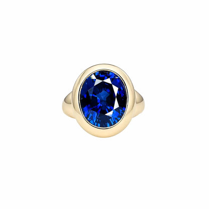 Oval Shape Bue Sapphire Engagement Ring 14K Yellow Gold Unisex Rings, Large Oval Bezel Set Solitaire Engagement Ring Solid Gold Unisex, 6303