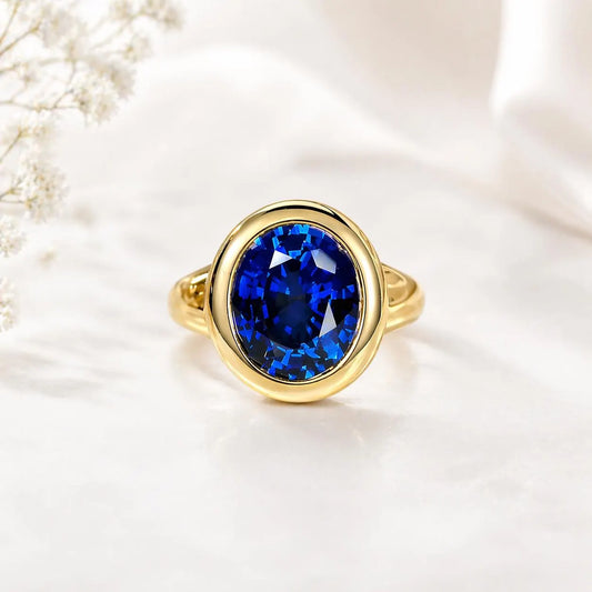 Oval Shape Bue Sapphire Engagement Ring 14K Yellow Gold Unisex Rings, Large Oval Bezel Set Solitaire Engagement Ring Solid Gold Unisex, 6303