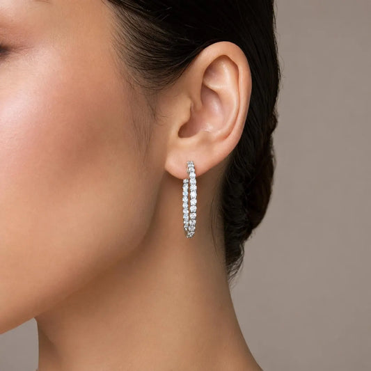 10K or 14K Solid Gold Moissanite Oval Hoop Earrings: Inside Out Diamond Hoops #8048