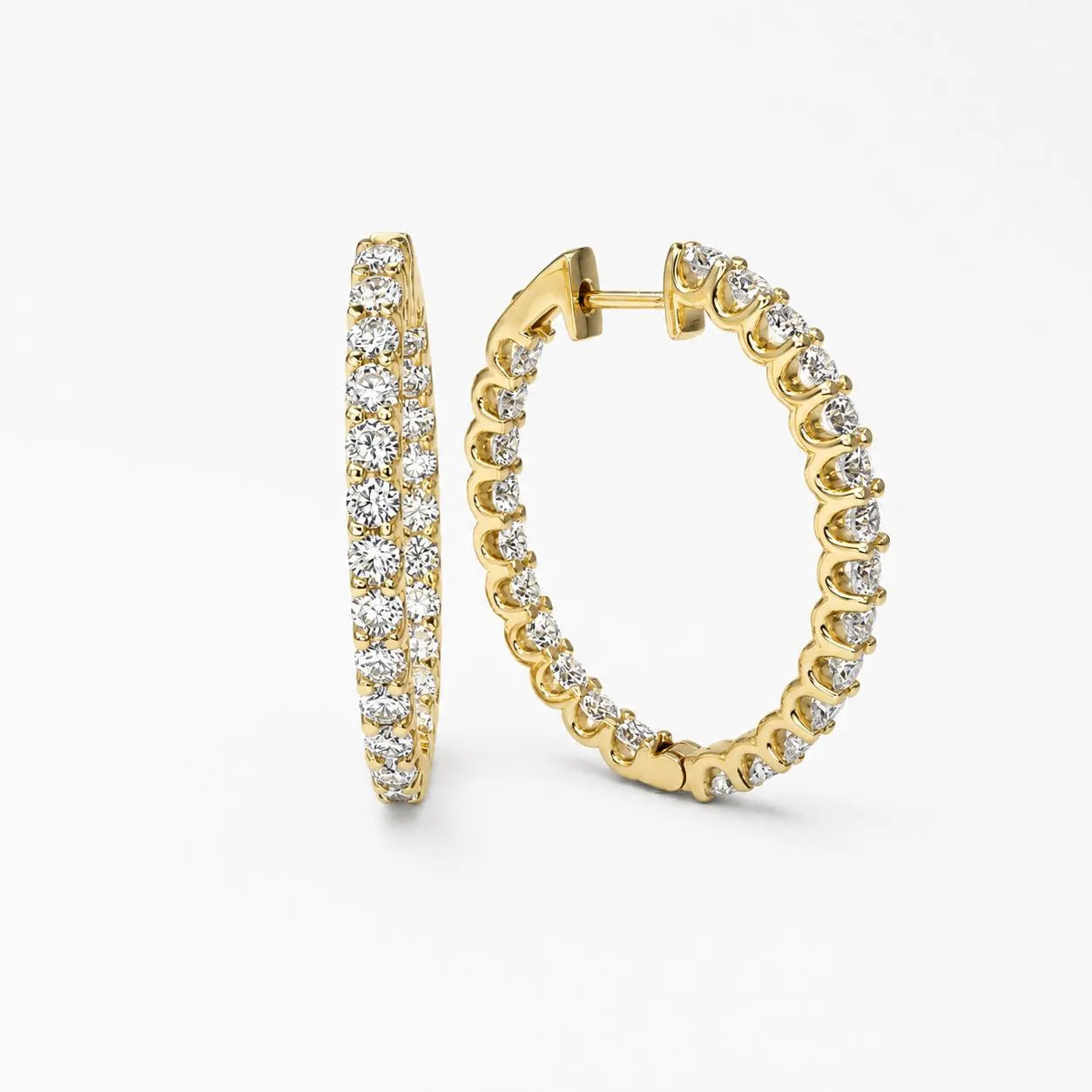 10K or 14K Solid Gold Moissanite Oval Hoop Earrings: Inside Out Diamond Hoops #8048