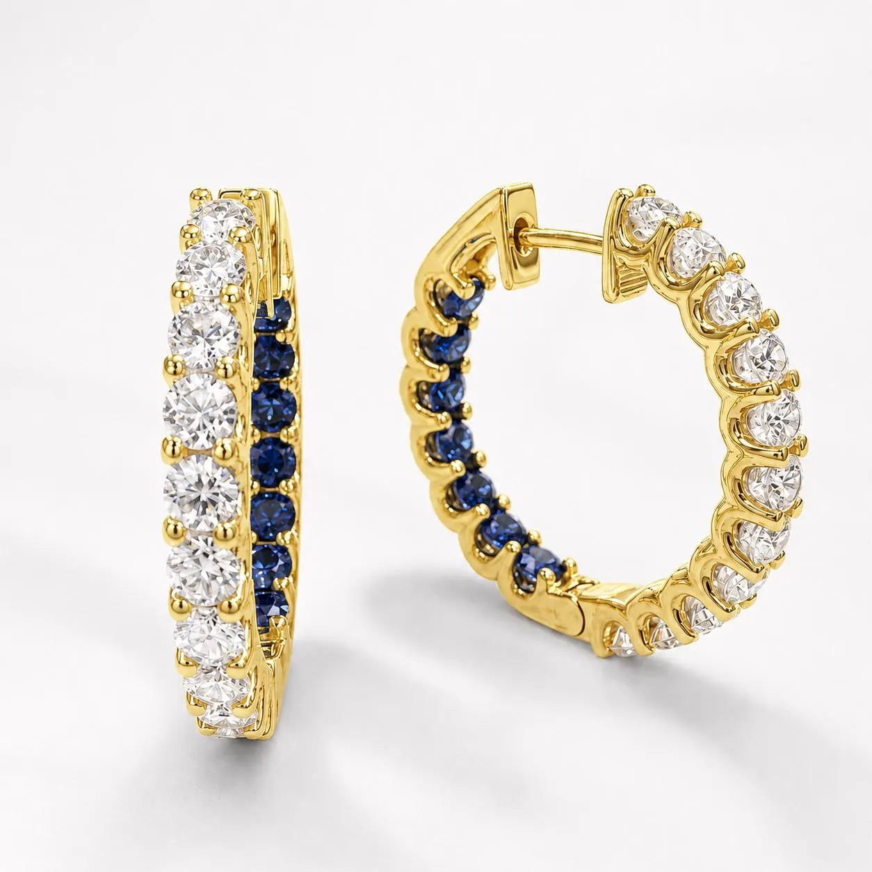 Moissanite and pink sapphire hoop earrings 14K solid gold, Inside out diamond hoop earrings, Everyday earrings, huggies endless hoops, #8127