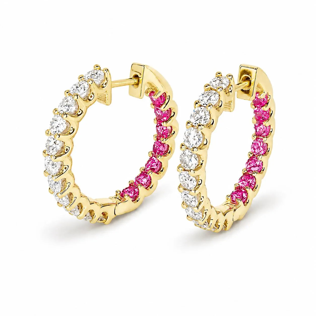 Moissanite and pink sapphire hoop earrings 14K solid gold, Inside out diamond hoop earrings, Everyday earrings, huggies endless hoops, #8127