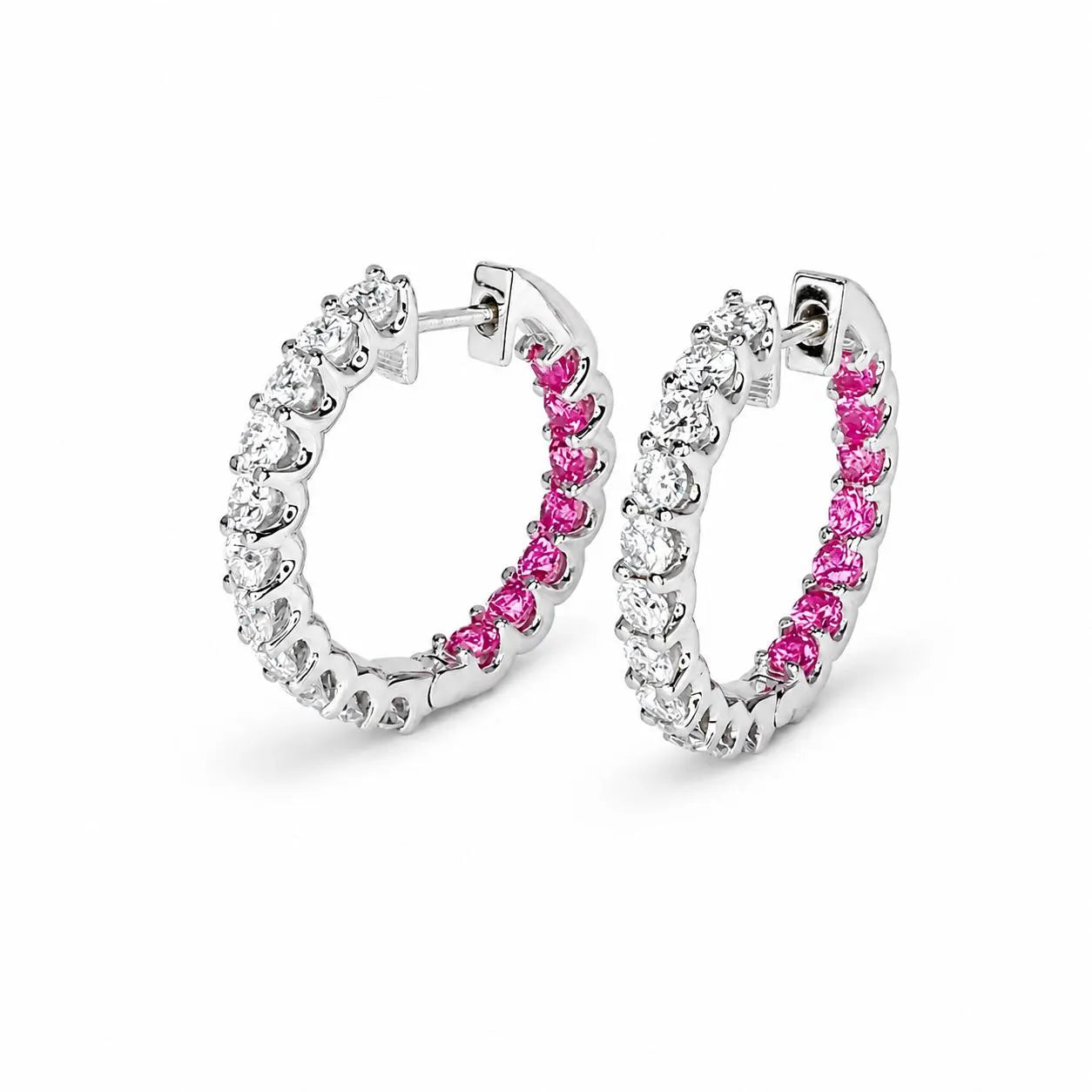 Moissanite and pink sapphire hoop earrings 14K solid gold, Inside out diamond hoop earrings, Everyday earrings, huggies endless hoops, #8127