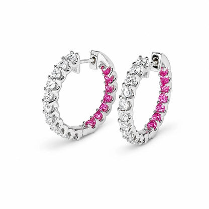 Moissanite and pink sapphire hoop earrings 14K solid gold, Inside out diamond hoop earrings, Everyday earrings, huggies endless hoops, #8127