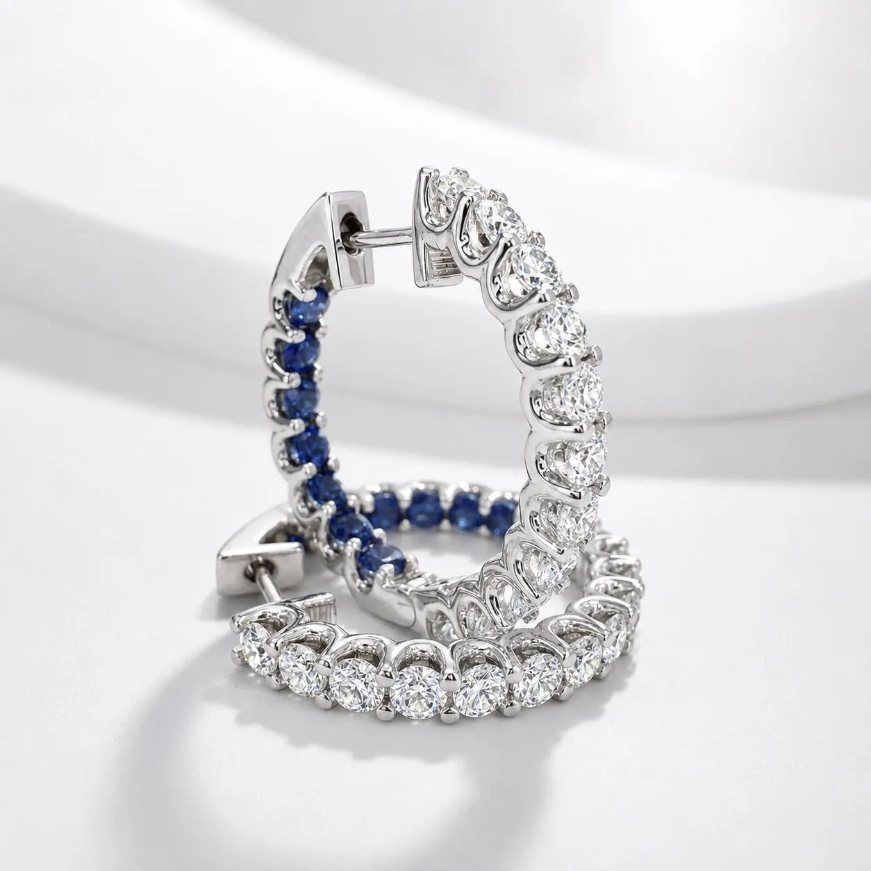 Moissanite and pink sapphire hoop earrings 14K solid gold, Inside out diamond hoop earrings, Everyday earrings, huggies endless hoops, #8127