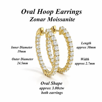 10K or 14K Solid Gold Moissanite Oval Hoop Earrings: Inside Out Diamond Hoops #8048