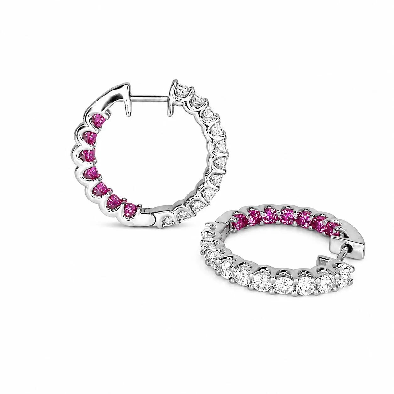 Moissanite and pink sapphire hoop earrings 14K solid gold, Inside out diamond hoop earrings, Everyday earrings, huggies endless hoops, #8127