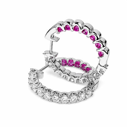 Moissanite and pink sapphire hoop earrings 14K solid gold, Inside out diamond hoop earrings, Everyday earrings, huggies endless hoops, #8127