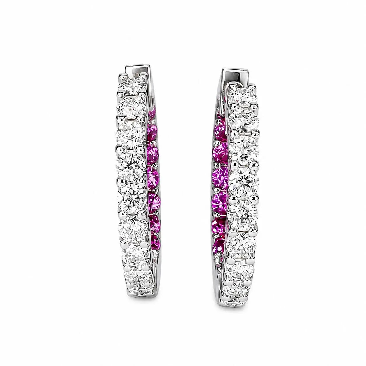 Moissanite and pink sapphire hoop earrings 14K solid gold, Inside out diamond hoop earrings, Everyday earrings, huggies endless hoops, #8127