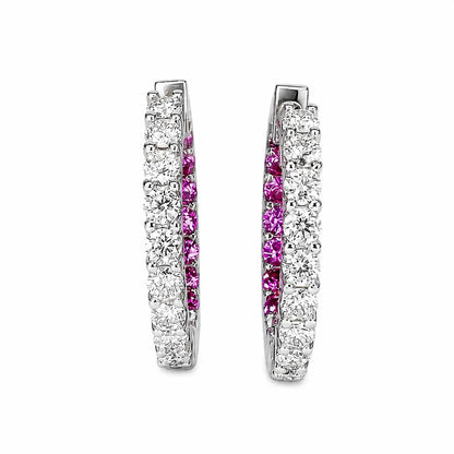 Moissanite and pink sapphire hoop earrings 14K solid gold, Inside out diamond hoop earrings, Everyday earrings, huggies endless hoops, #8127