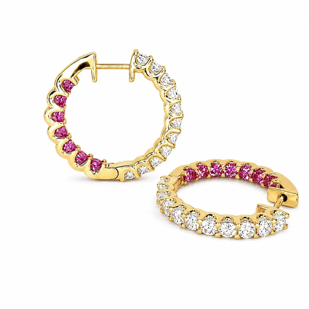 Moissanite and pink sapphire hoop earrings 14K solid gold, Inside out diamond hoop earrings, Everyday earrings, huggies endless hoops, #8127