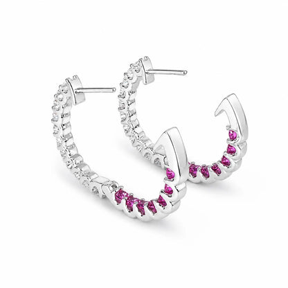 Moissanite and pink sapphire hoop earrings 14K solid gold, Inside out diamond hoop earrings, Everyday earrings, huggies endless hoops, #8127