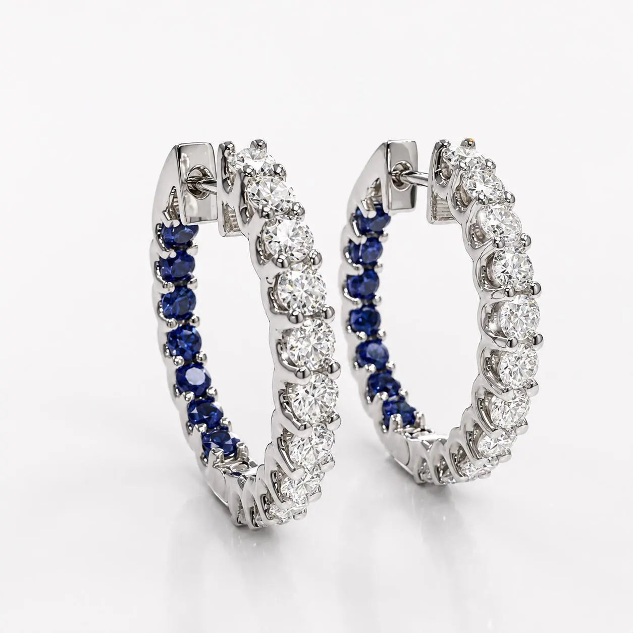 Moissanite and pink sapphire hoop earrings 14K solid gold, Inside out diamond hoop earrings, Everyday earrings, huggies endless hoops, #8127