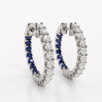 Moissanite and pink sapphire hoop earrings 14K solid gold, Inside out diamond hoop earrings, Everyday earrings, huggies endless hoops, #8127