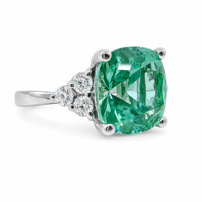 Paraiba Green Tourmaline Cushion Cut Engagement Ring , 14k Gold Cushion Cut and Round Diamond Cluster Ring , Round Moissanite Accents  #6525