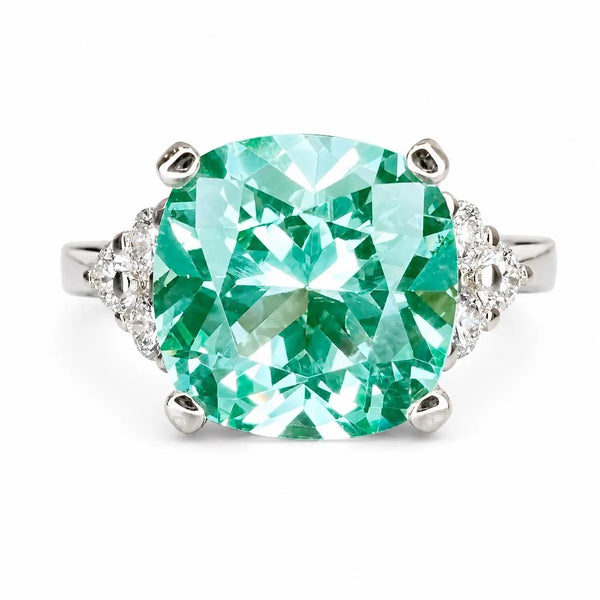 Paraiba Green Tourmaline Cushion Cut Engagement Ring , 14k Gold Cushion Cut and Round Diamond Cluster Ring , Round Moissanite Accents  #6525