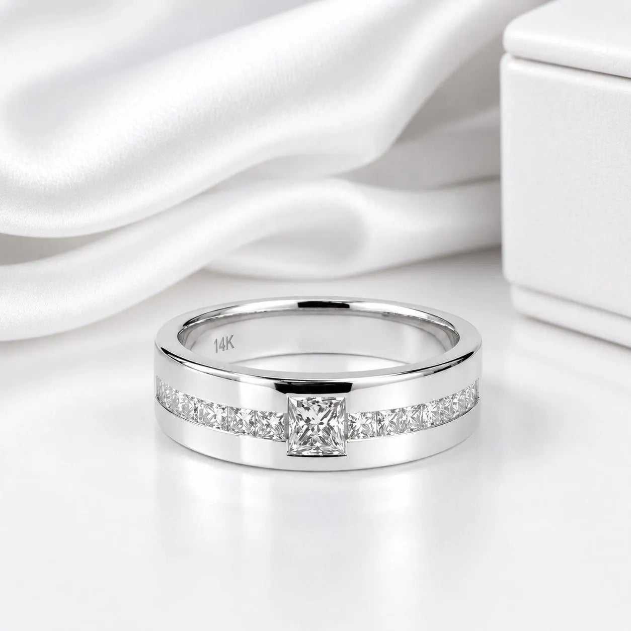 Mens Diamond Wedding Band Unique 14K solid Gold , Princess Cut Lab Diamond Mens Band #8650