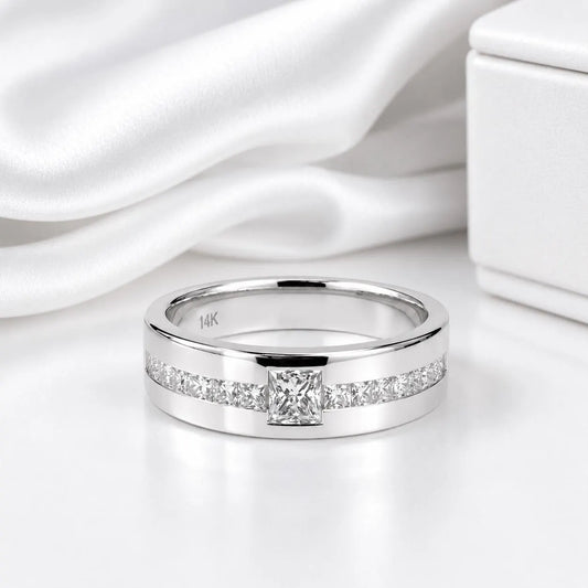 Mens Diamond Wedding Band Unique 14K solid Gold , Princess Cut Lab Diamond Mens Band #8650