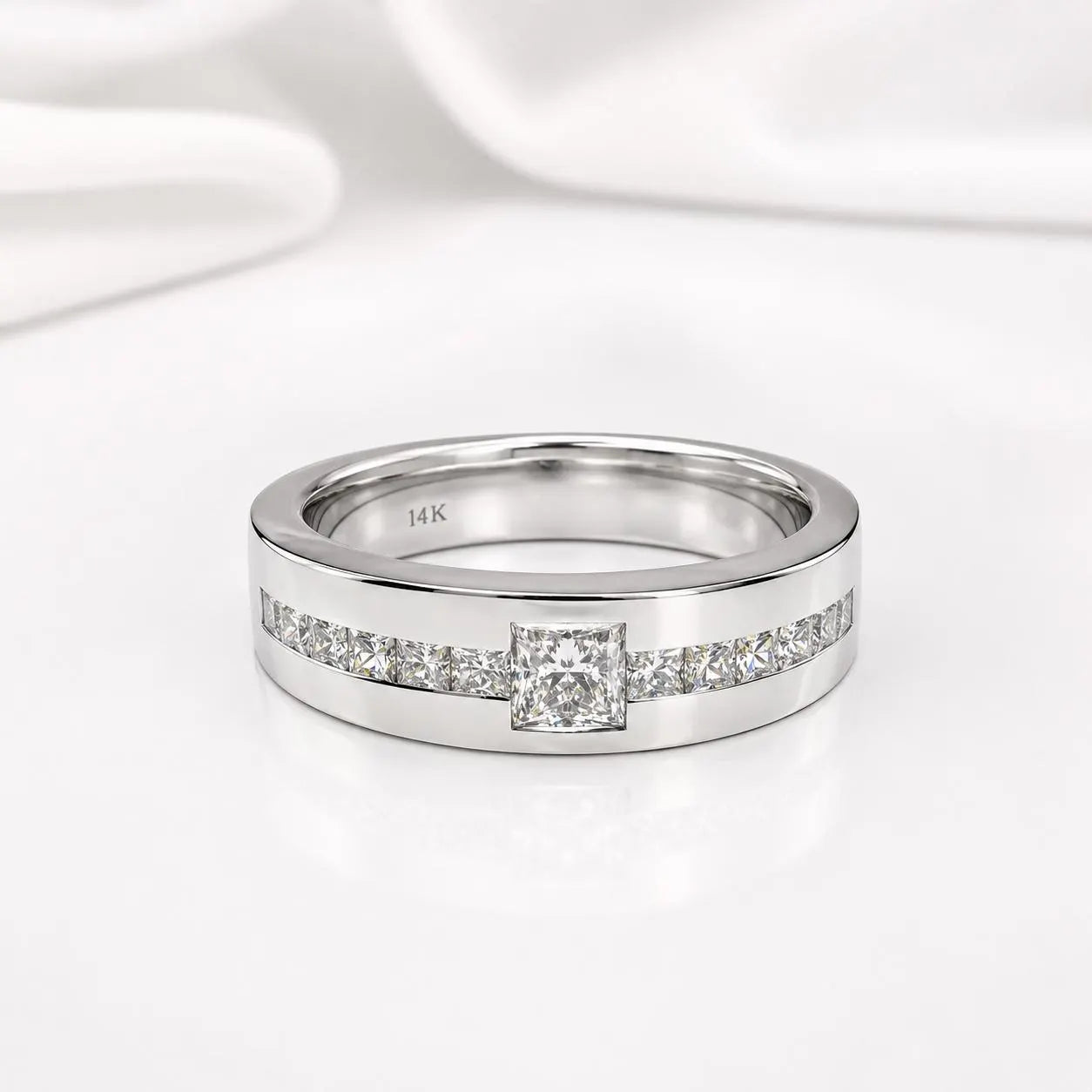 Mens Diamond Wedding Band Unique 14K solid Gold , Princess Cut Lab Diamond Mens Band #8650