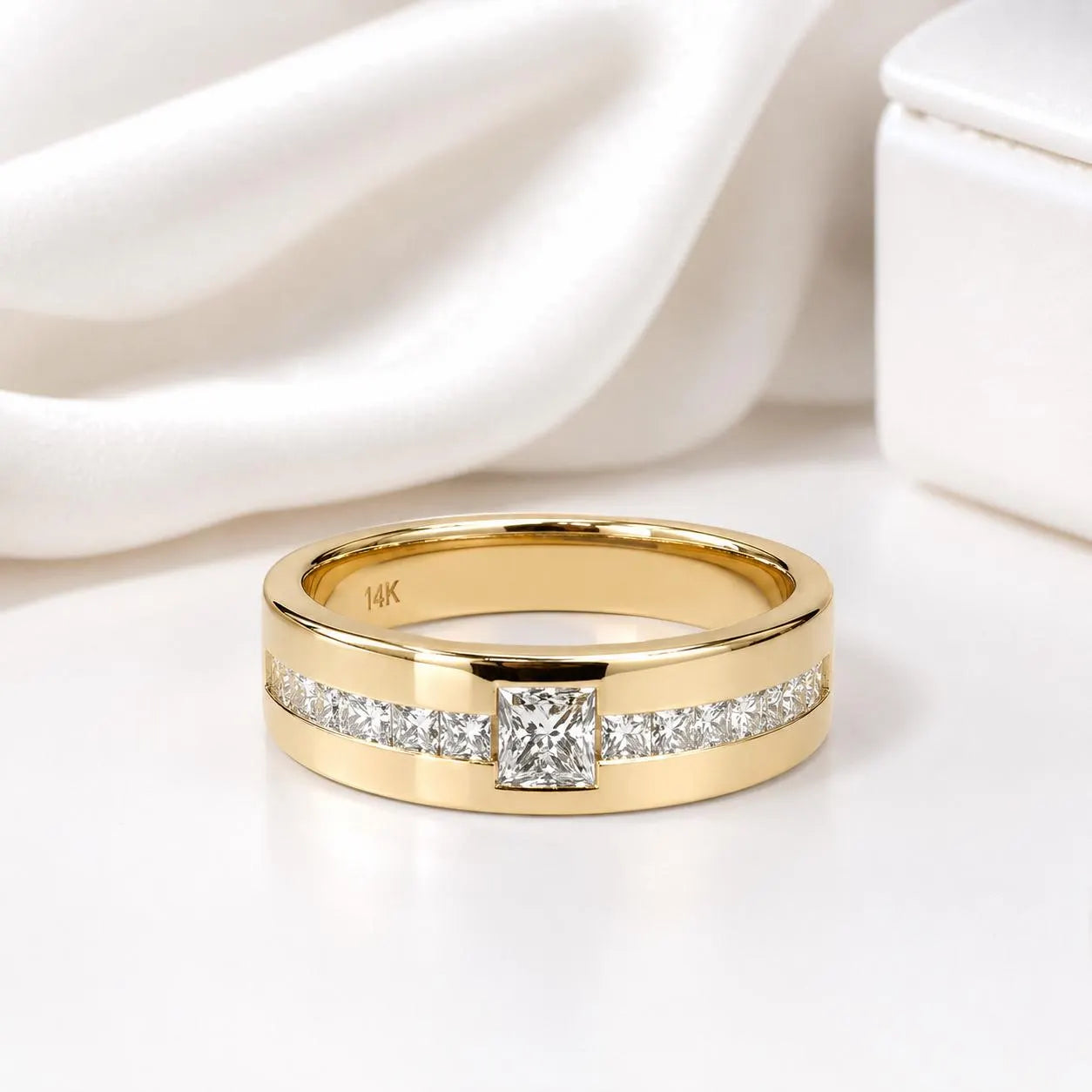Mens Diamond Wedding Band Unique 14K solid Gold , Princess Cut Lab Diamond Mens Band #8650