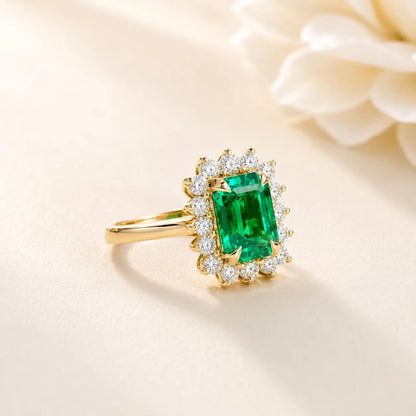 Emerald Cut Emerald Engagement Ring, Moissanite Halo, May Birthstone  #8804