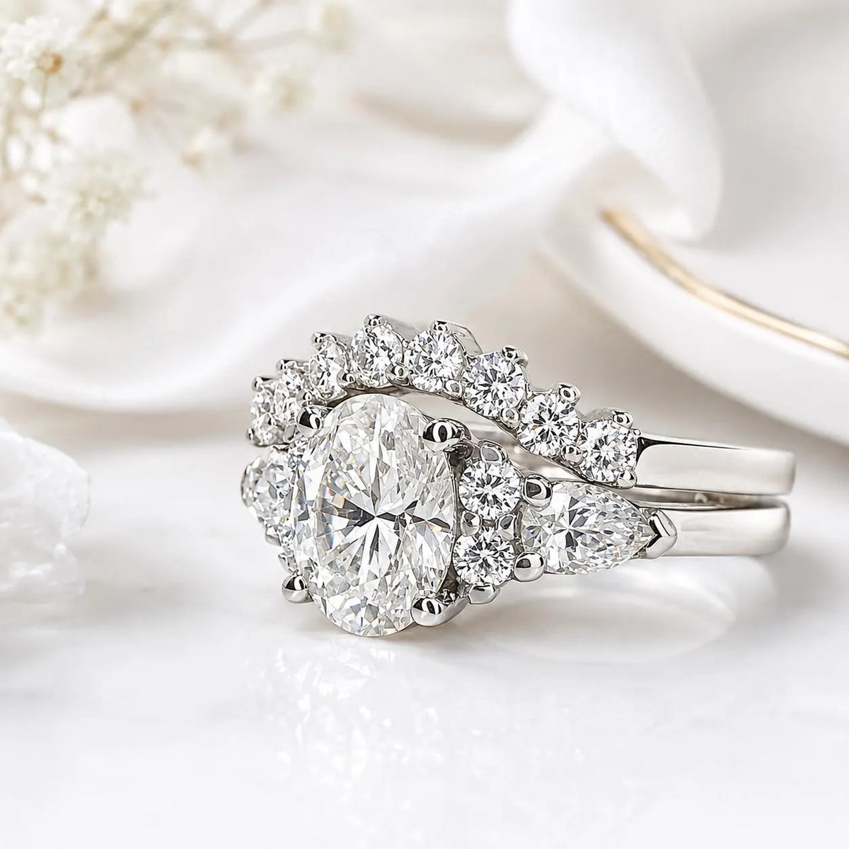 Lab Grown Diamond Ring - 14k Gold Oval Cut Cluster Engagement Ring IGI Certified #8144