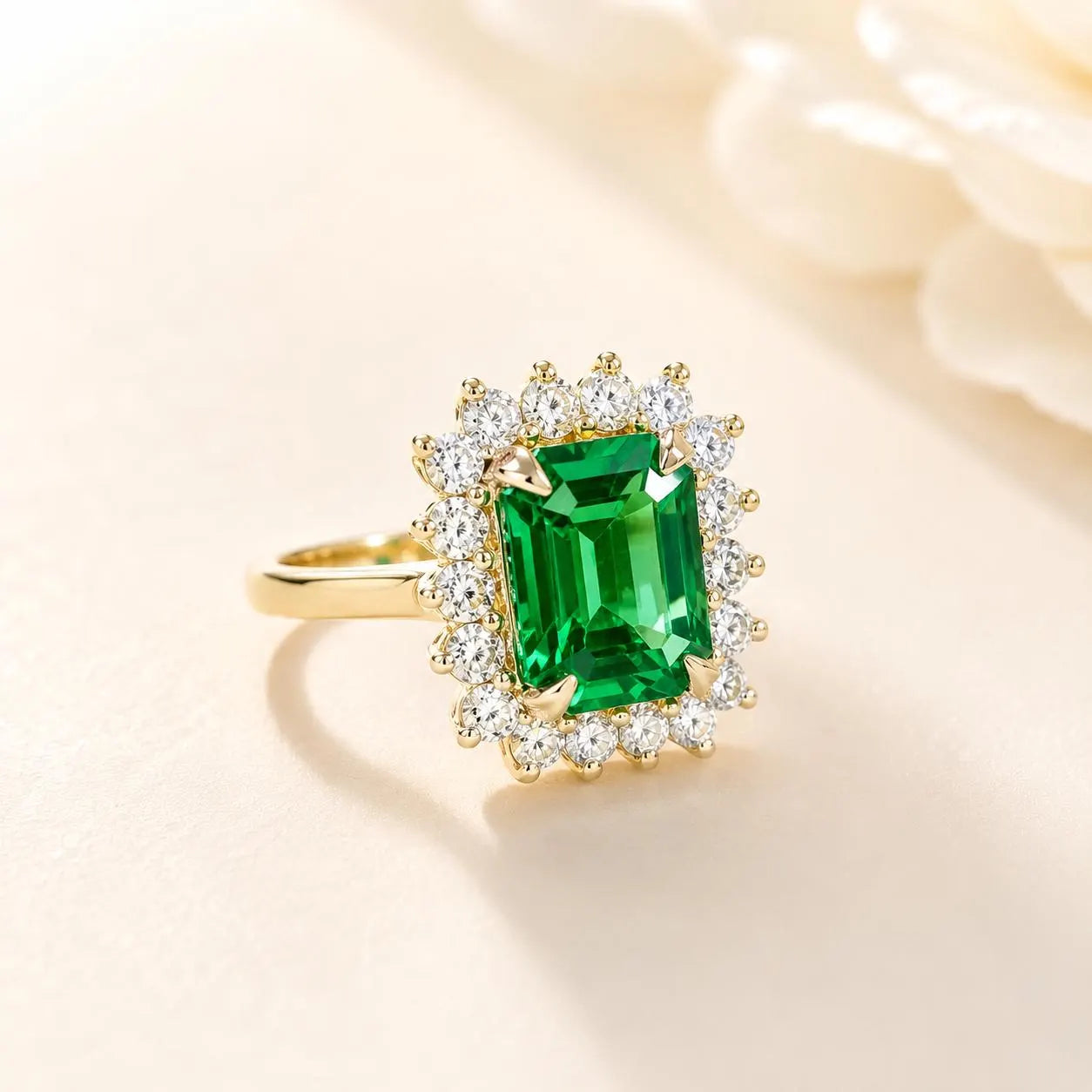 Emerald Cut Emerald Engagement Ring, Moissanite Halo, May Birthstone  #8804