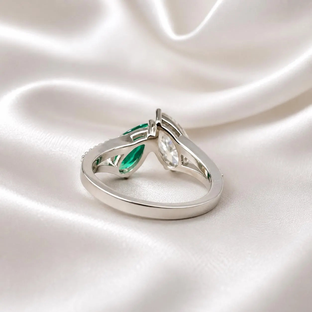 Toi Et Moi Ring Pear Emerald and Moissanite Engagement Ring Yellow Gold,  Unique Two Stone Vintage Promise Anniversary Wedding Rings,  #7483