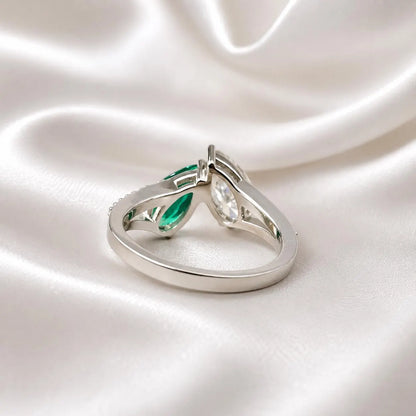 Toi Et Moi Ring Pear Emerald and Moissanite Engagement Ring Yellow Gold,  Unique Two Stone Vintage Promise Anniversary Wedding Rings,  #7483