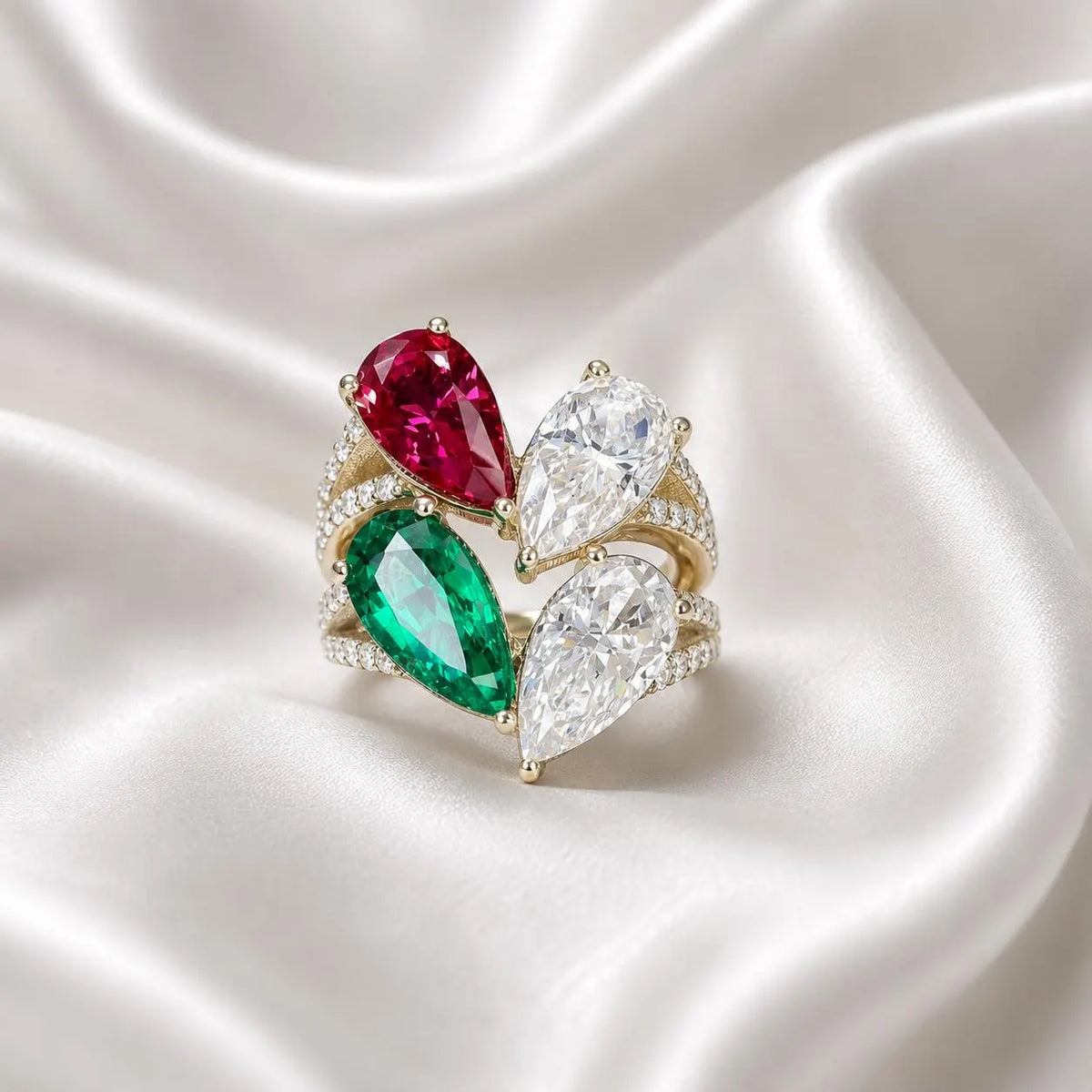 Toi Et Moi Ring Pear Emerald and Moissanite Engagement Ring Yellow Gold,  Unique Two Stone Vintage Promise Anniversary Wedding Rings,  #7483